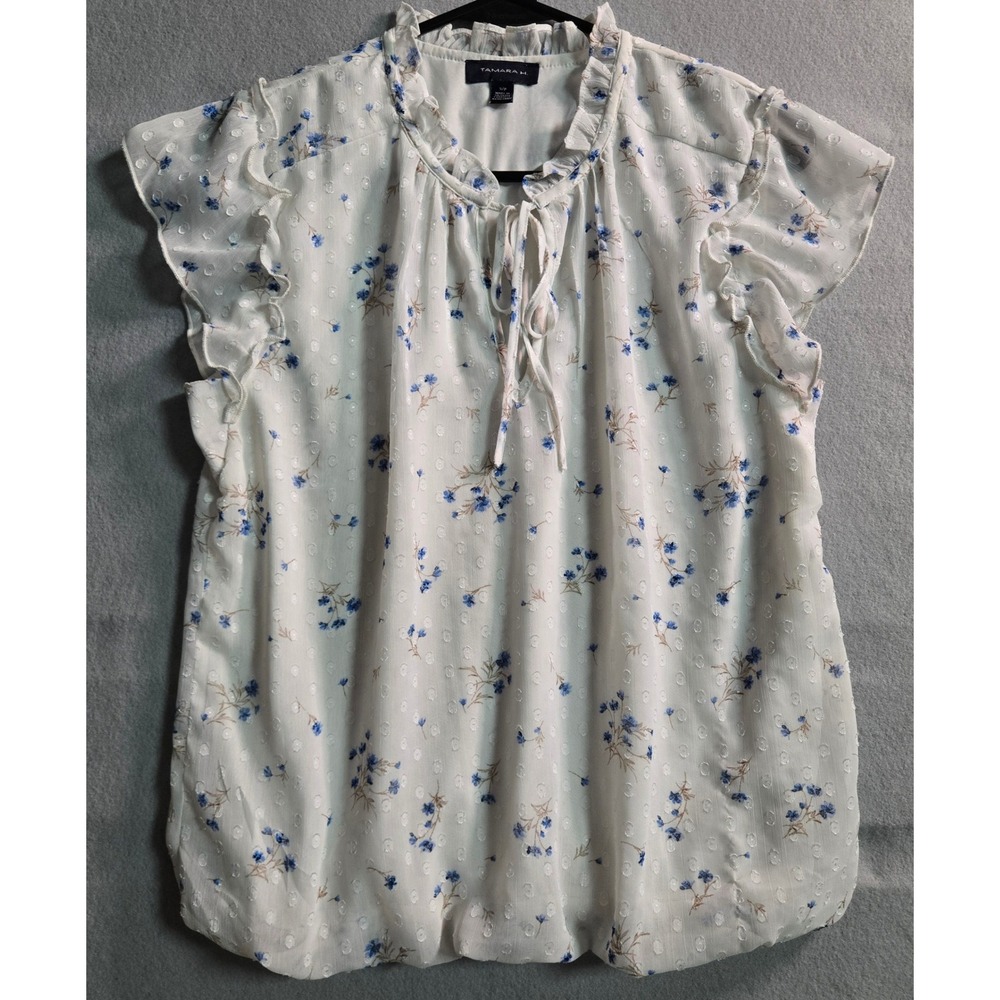Tamara H White Blue Floral Clip Dot Ruffle Neck Bubble Hem Blouse Small